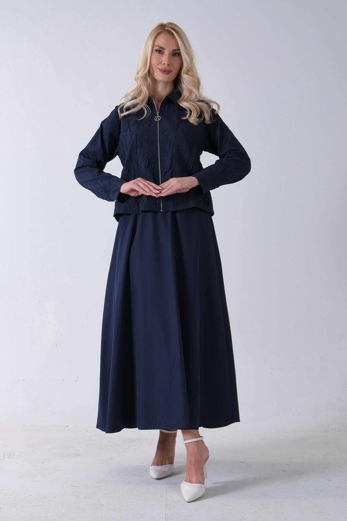 Lacivert Fermuar Kapamalı Ceket Üzeri Desenli Etekli Takım 4577259.02 - Ardanewline (1)