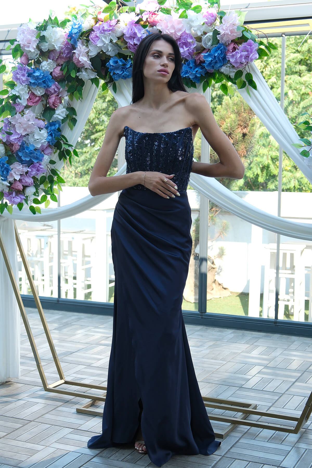 Lacivert Göğüs Pul ve Taşlı Saten Abiye 9705294.02 - Ardanewline