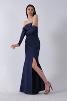 Lacivert Göğüs Taş İşleme Detaylı Drapeli Abiye 9705446.02 - 1