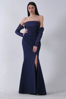 Lacivert Göğüs Taş İşleme Detaylı Drapeli Abiye 9705446.02 - 2