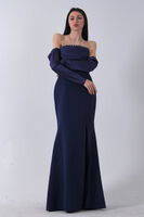 Lacivert Göğüs Taş İşleme Detaylı Drapeli Abiye 9705446.02 - 3