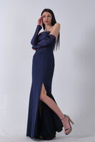 Lacivert Göğüs Taş İşleme Detaylı Drapeli Abiye 9705446.02 - 4