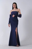 Lacivert Göğüs Taş İşleme Detaylı Drapeli Abiye 9705446.02 - 5