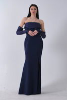 Lacivert Göğüs Taş İşleme Detaylı Drapeli Abiye 9705446.02 - 6