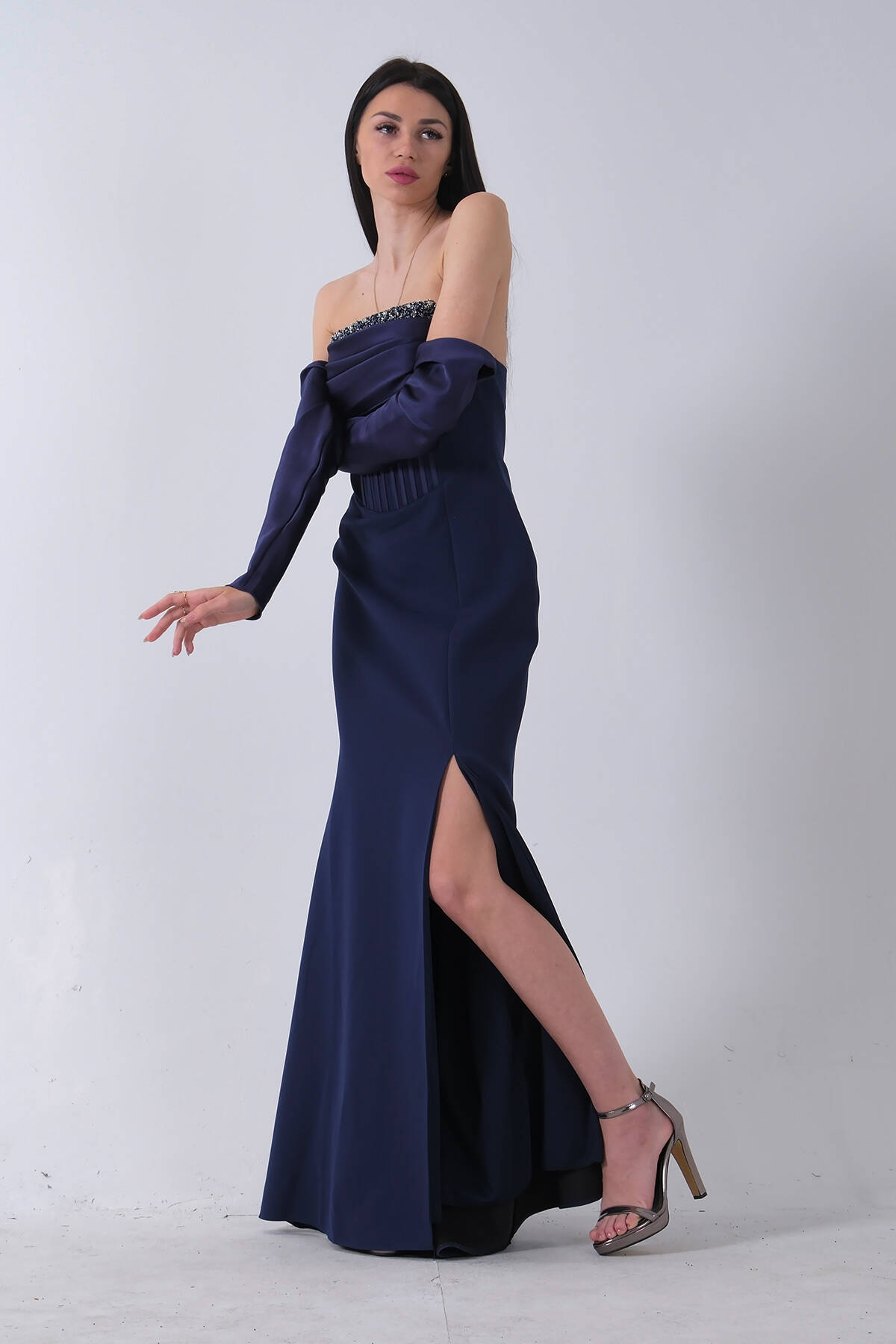 Lacivert Göğüs Taş İşleme Detaylı Drapeli Abiye 9705446.02 - Ardanewline