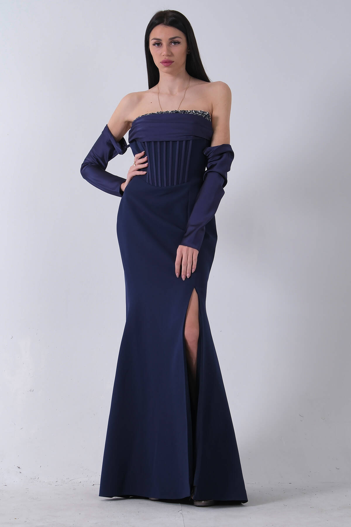 Lacivert Göğüs Taş İşleme Detaylı Drapeli Abiye 9705446.02 - Ardanewline (1)