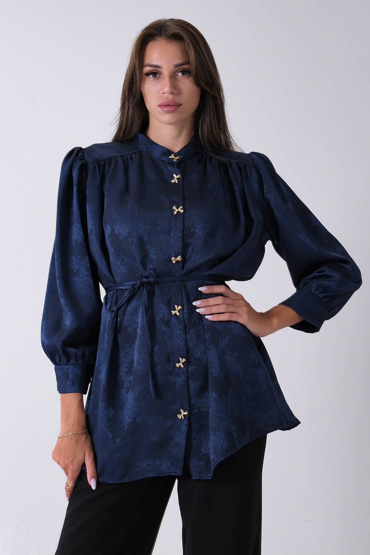 Lacivert Hakim Yaka Bel Bağlamalı Desenli Tunik 4595333.02 - Ardanewline