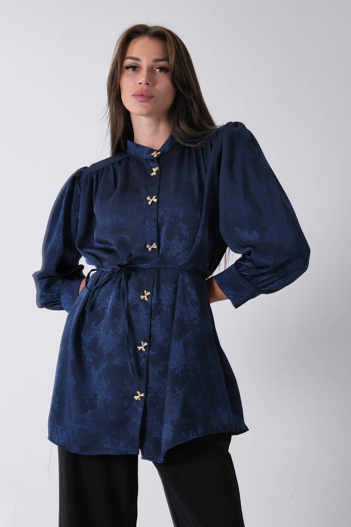Lacivert Hakim Yaka Bel Bağlamalı Desenli Tunik 4595333.02 - Ardanewline (1)