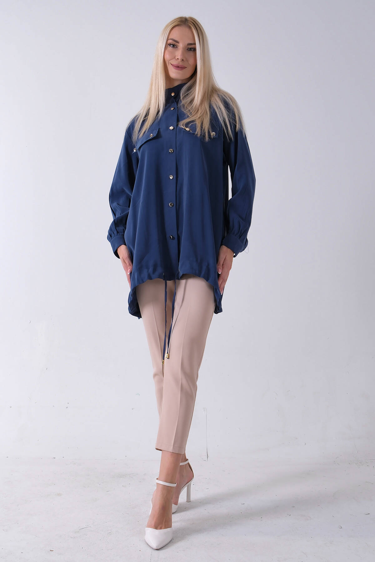 Lacivert Hakim Yaka Cep Kapak Detaylı Etek Ucu İpli Tunik 3972106.02 - Ardanewline