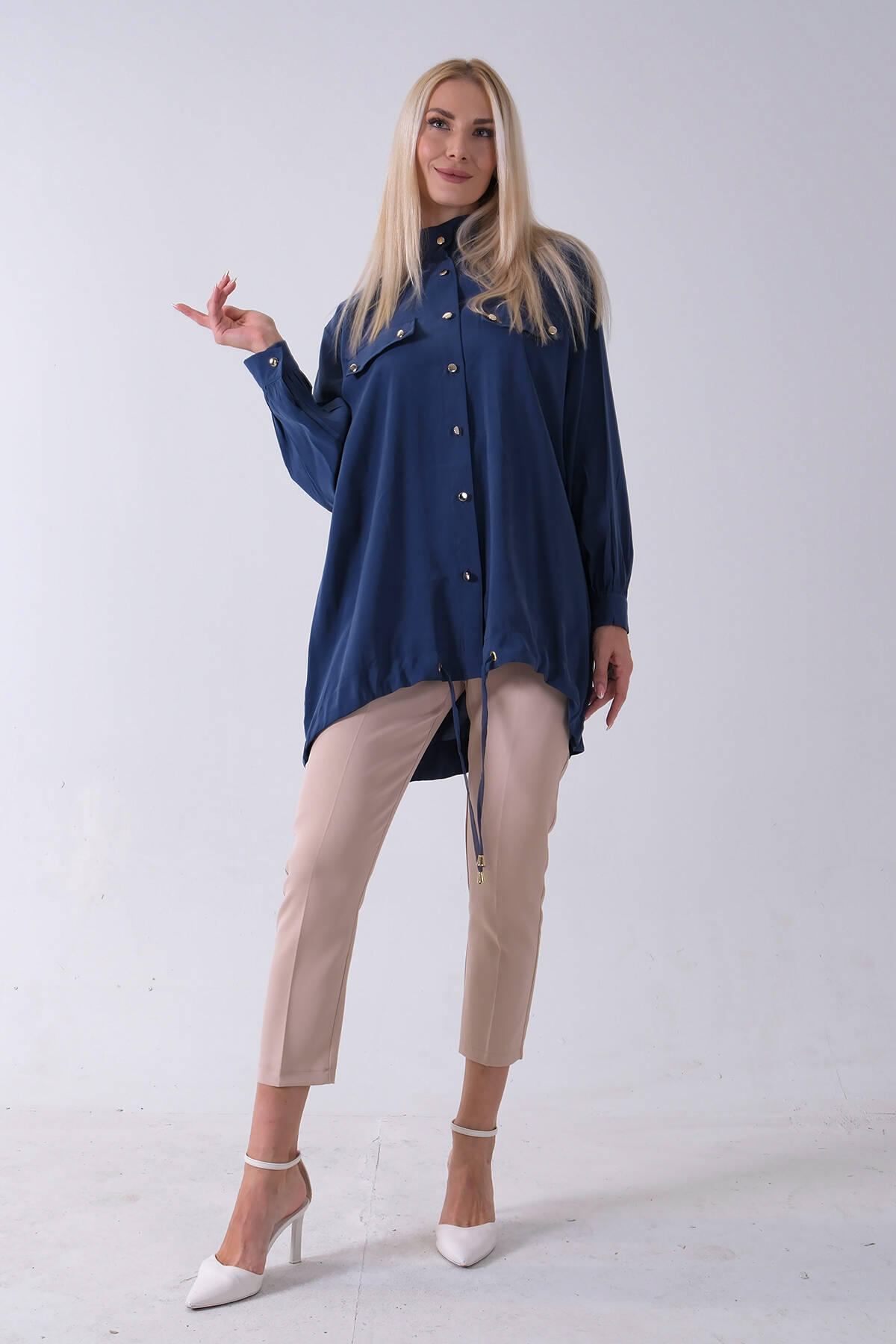 Lacivert Hakim Yaka Cep Kapak Detaylı Etek Ucu İpli Tunik 3972106.02 - Ardanewline (1)