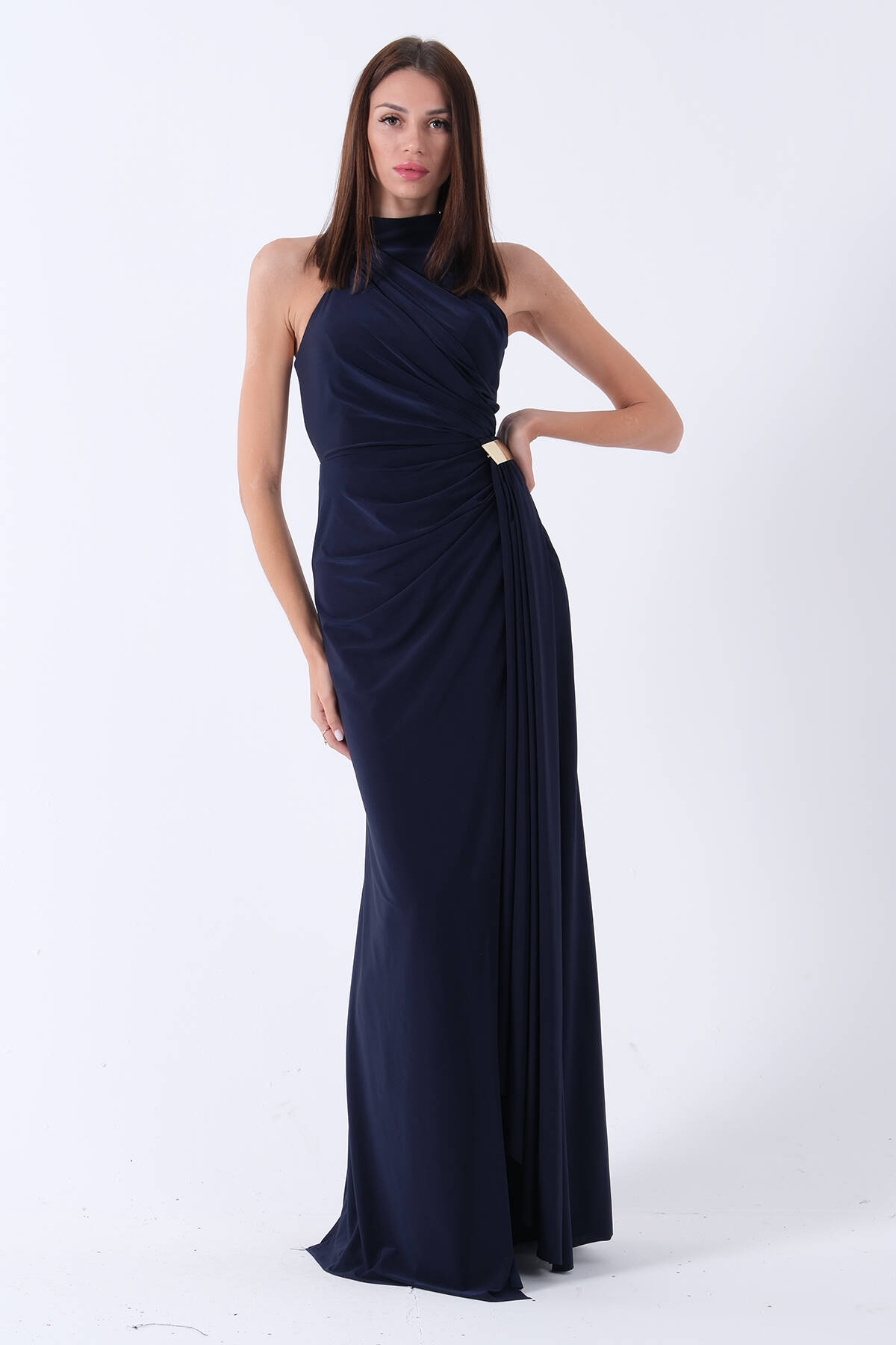 Lacivert Halter Yaka Drapeli Beli Gold Toka Detaylı Straplez Abiye 9705862.02 - ArdaNewline (1)