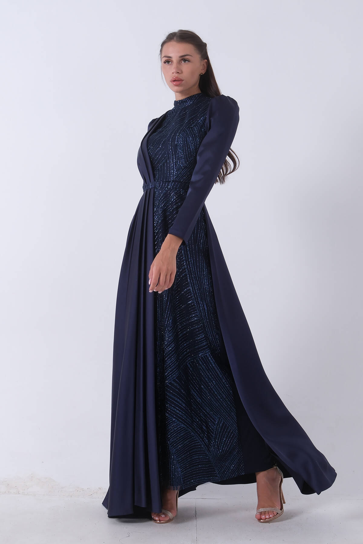 Lacivert İç Kısmı Simli Saten Abiye 6502431.02 - Ardanewline