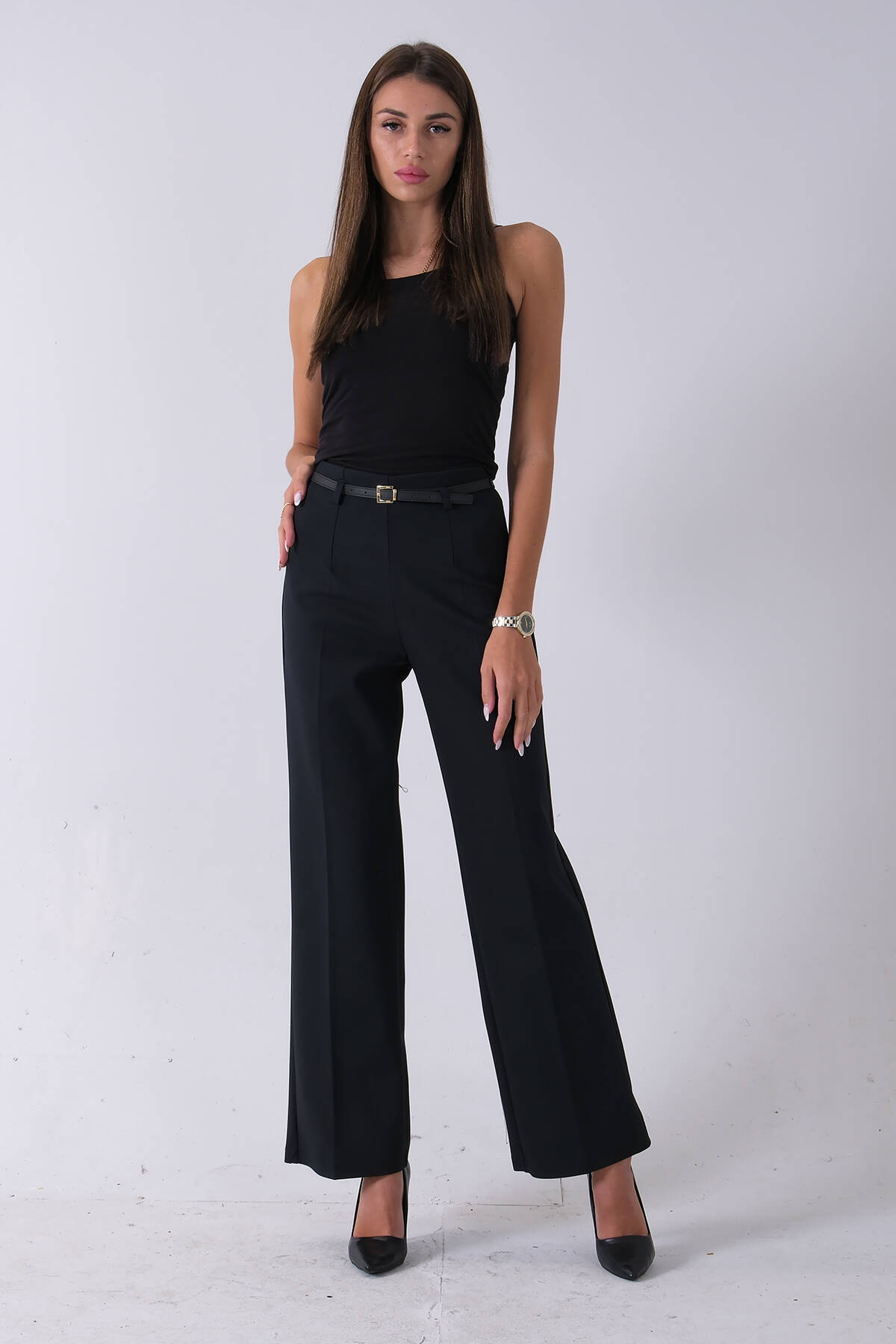 Lacivert İnce Kemerli Cepsiz Bol Paça Uzun Pantolon 03030306.02 - Ardanewline (1)