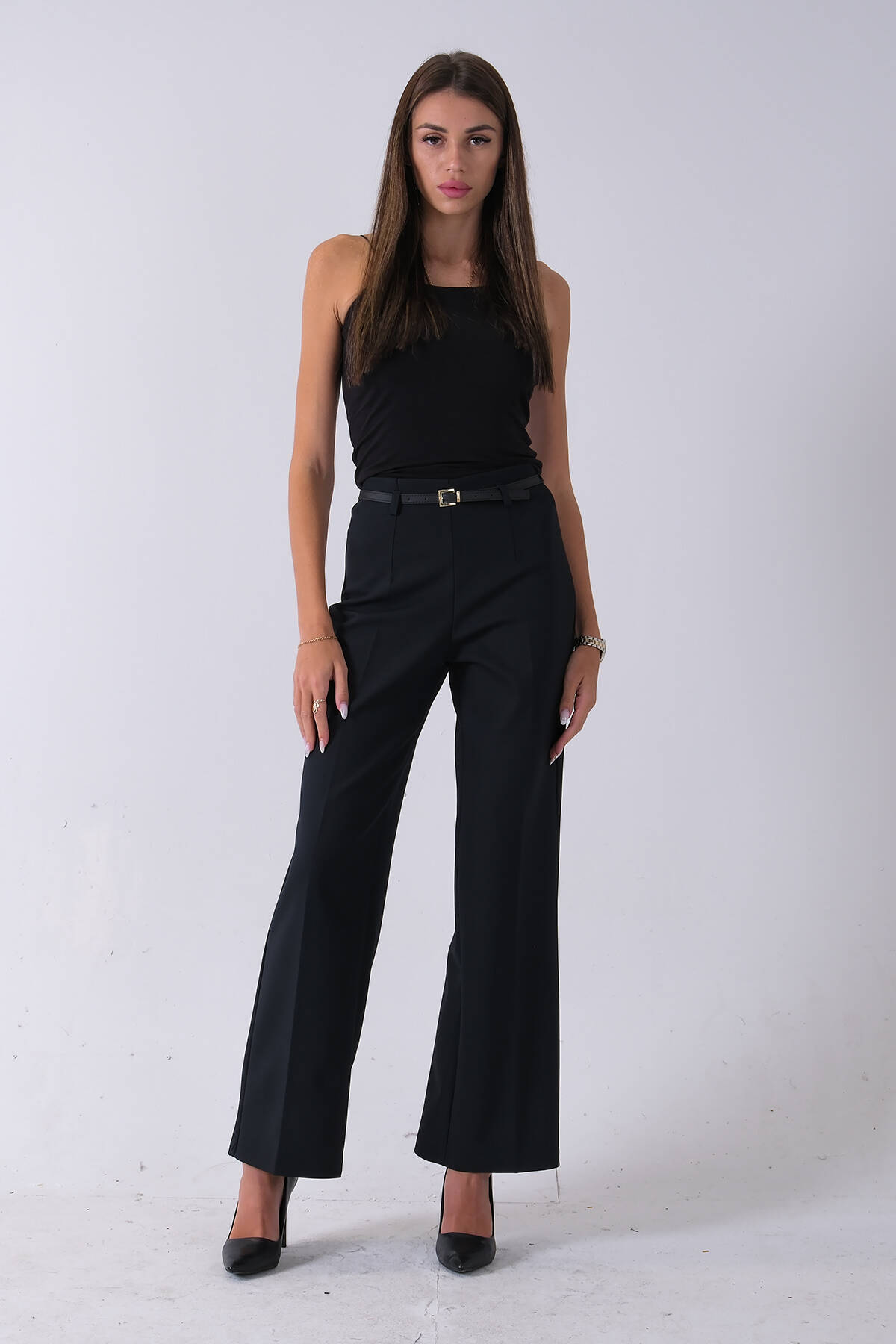 Lacivert İnce Kemerli Cepsiz Bol Paça Uzun Pantolon 03030306.02 - Ardanewline