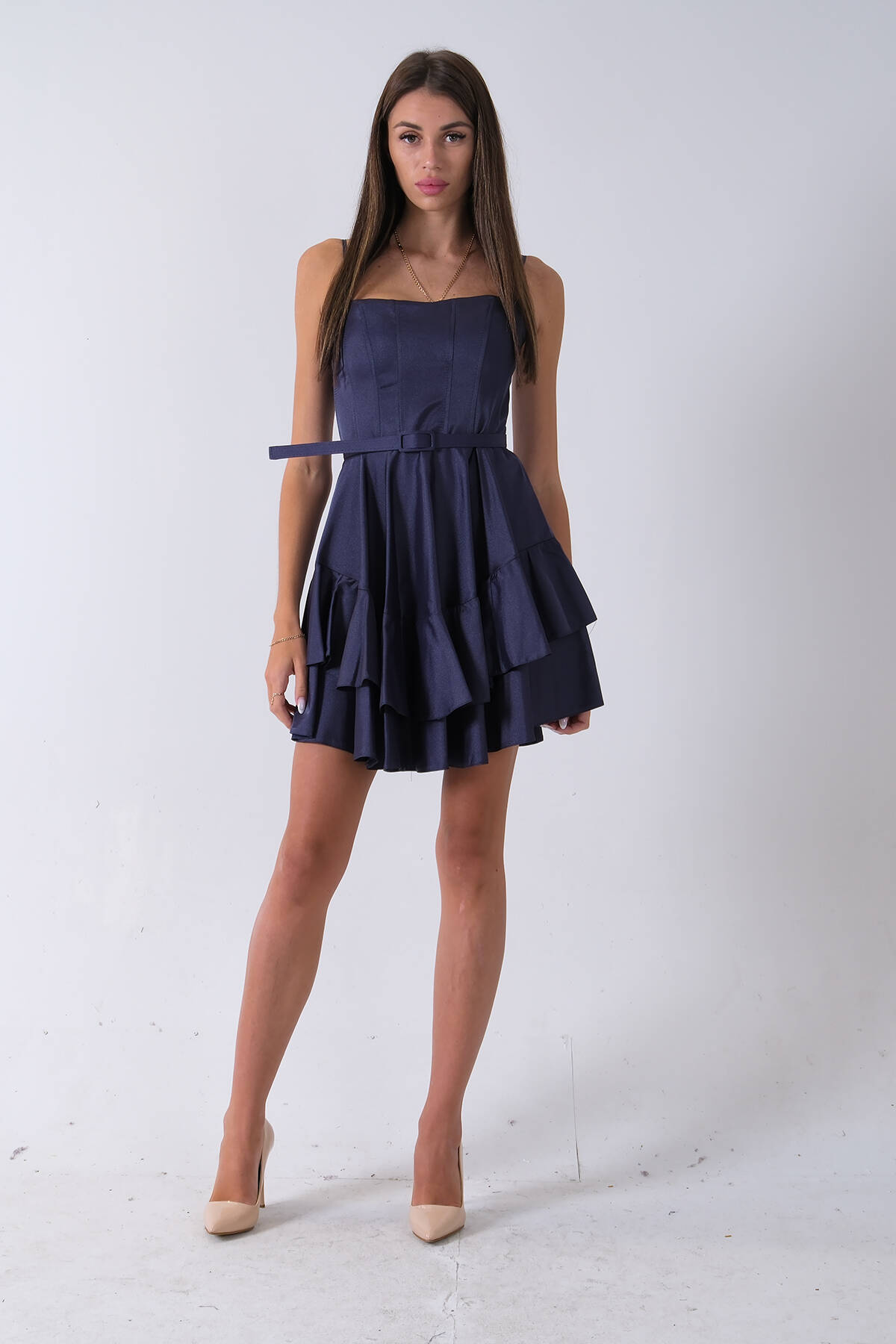 Lacivert İp Askılı Bel Kemer Bağlamalı Mini Boy Abiye 0802004.02 - Ardanewline