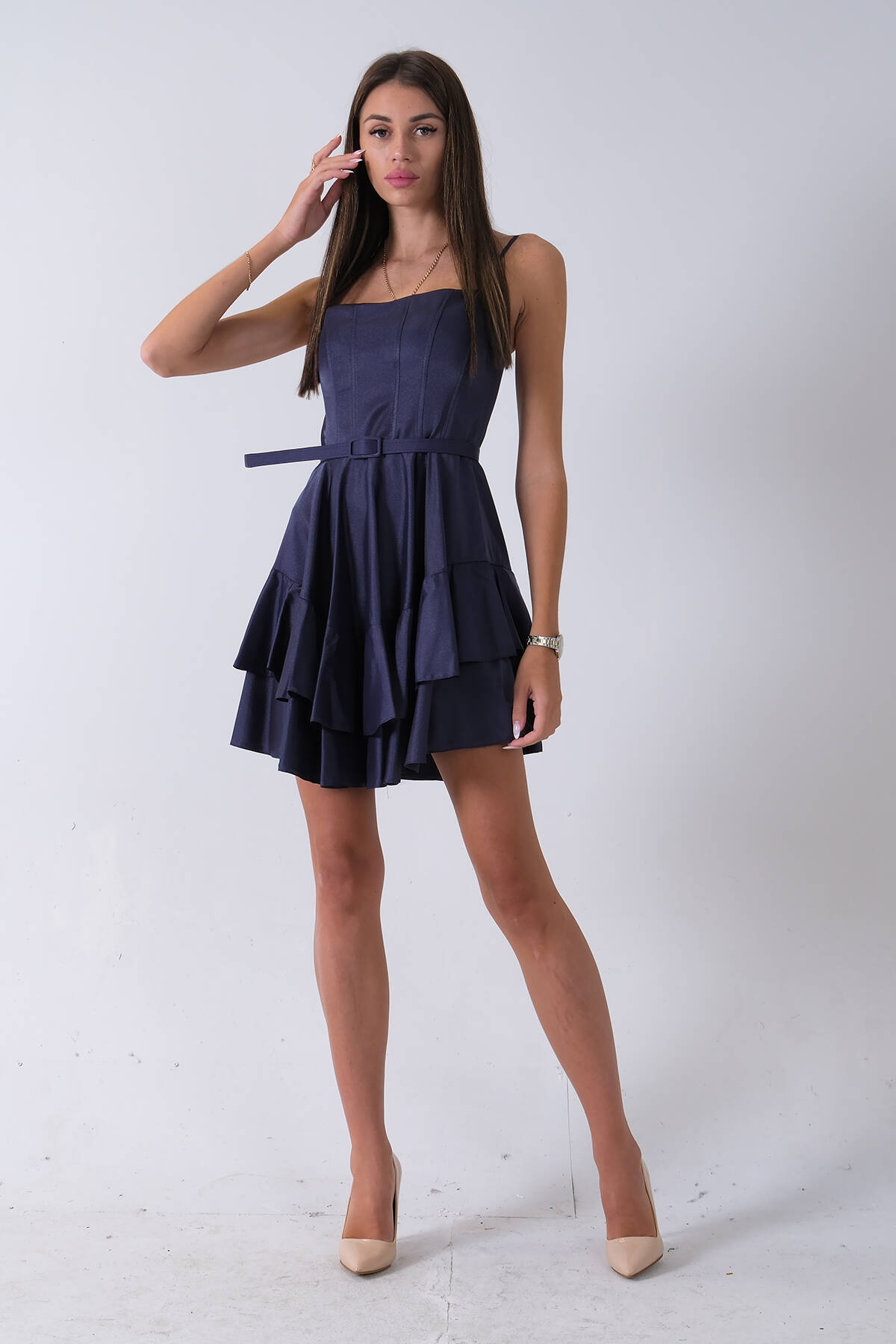 Lacivert İp Askılı Bel Kemer Bağlamalı Mini Boy Abiye 0802004.02 - Ardanewline (1)