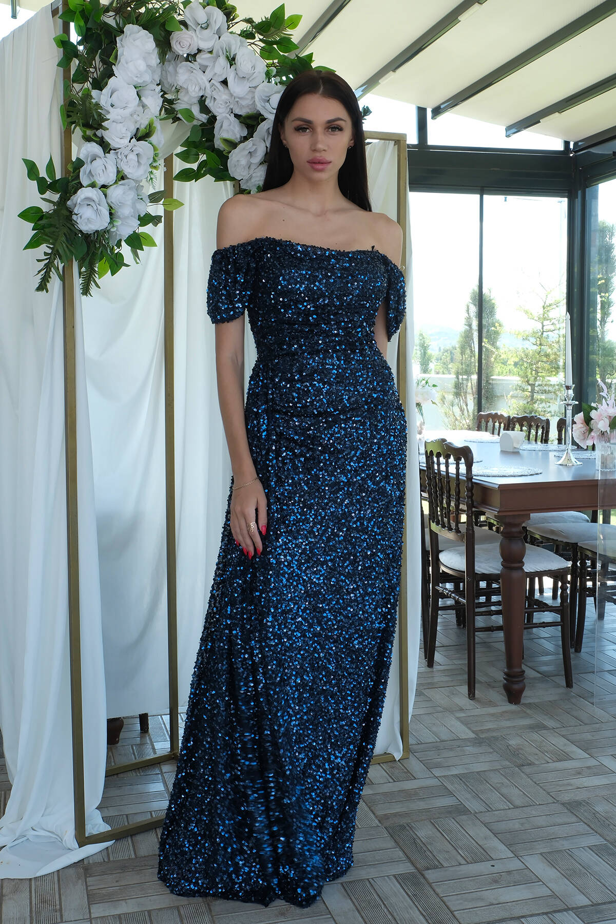 Lacivert Kadın Omzu Açık Payetli Yırtmaçlı Uzun Abiye Elbise 9705544.02 - Ardanewline