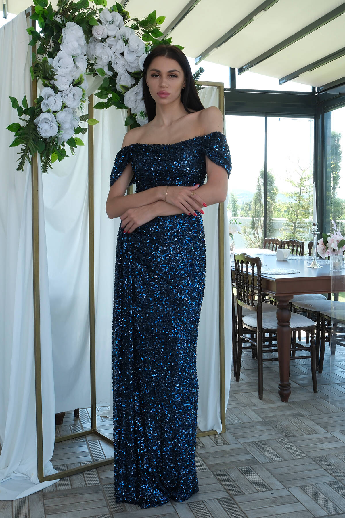 Lacivert Kadın Omzu Açık Payetli Yırtmaçlı Uzun Abiye Elbise 9705544.02 - Ardanewline (1)