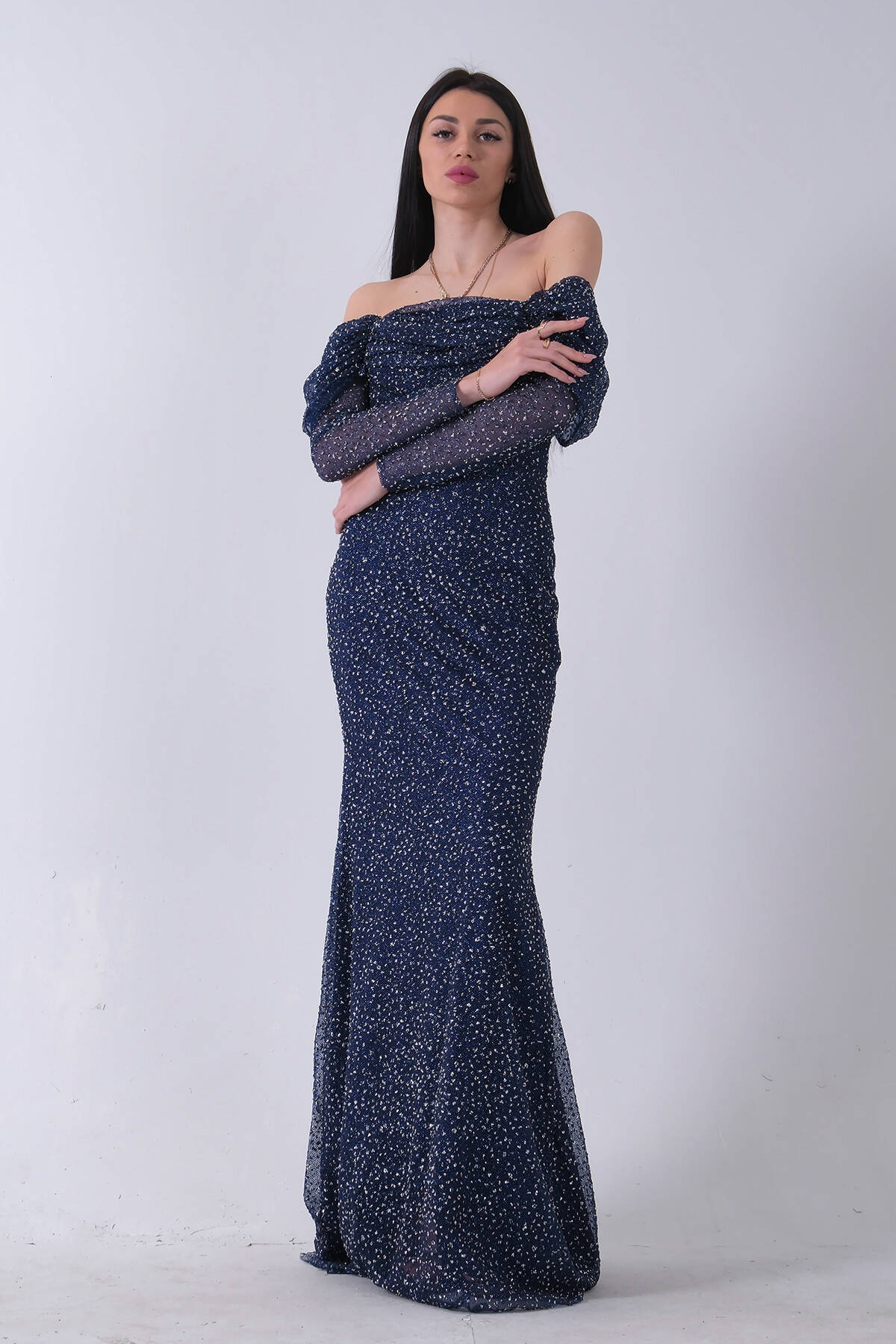 Lacivert Kayık Yaka Simli Uzun Kol Abiye 9705266.02 - Ardanewline