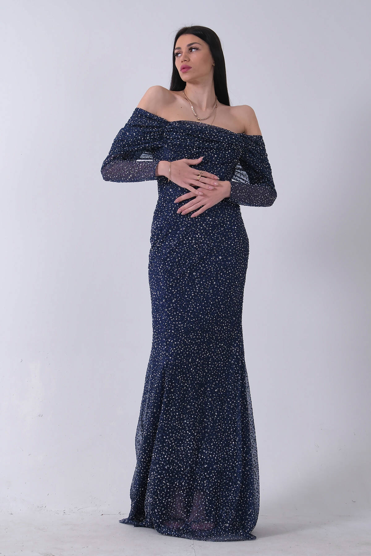 Lacivert Kayık Yaka Simli Uzun Kol Abiye 9705266.02 - Ardanewline (1)