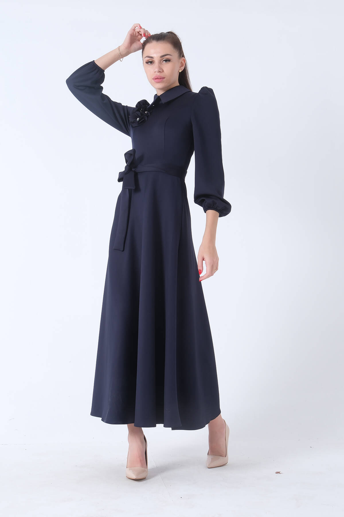 Lacivert Kemer Bağlamalı Kloş Elbise 4593260.02 - Ardanewline