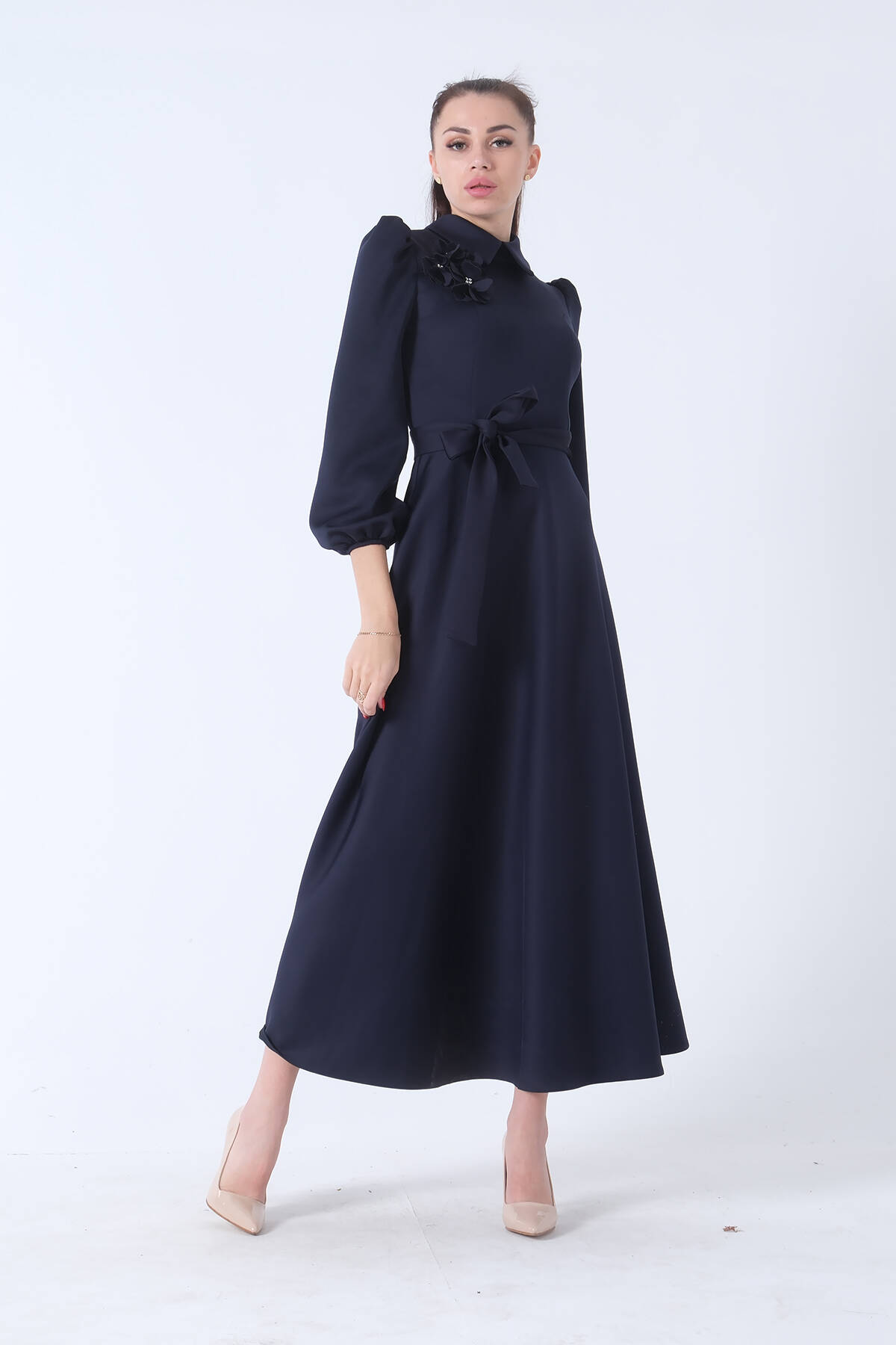 Lacivert Kemer Bağlamalı Kloş Elbise 4593260.02 - Ardanewline (1)