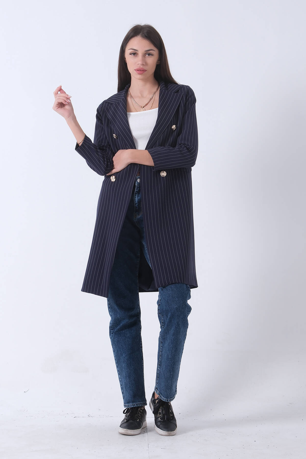 Lacivert Klasik Yaka Çizgili Uzun Ceket 08091161.02 - Ardanewline