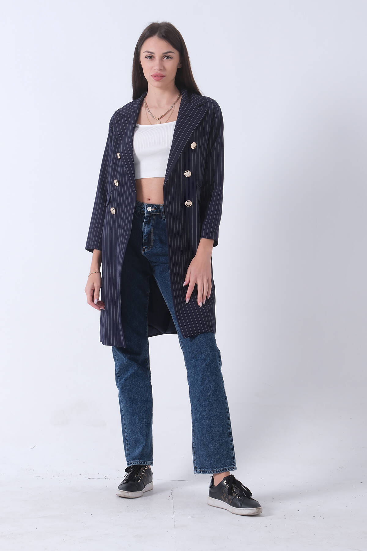 Lacivert Klasik Yaka Çizgili Uzun Ceket 08091161.02 - Ardanewline (1)