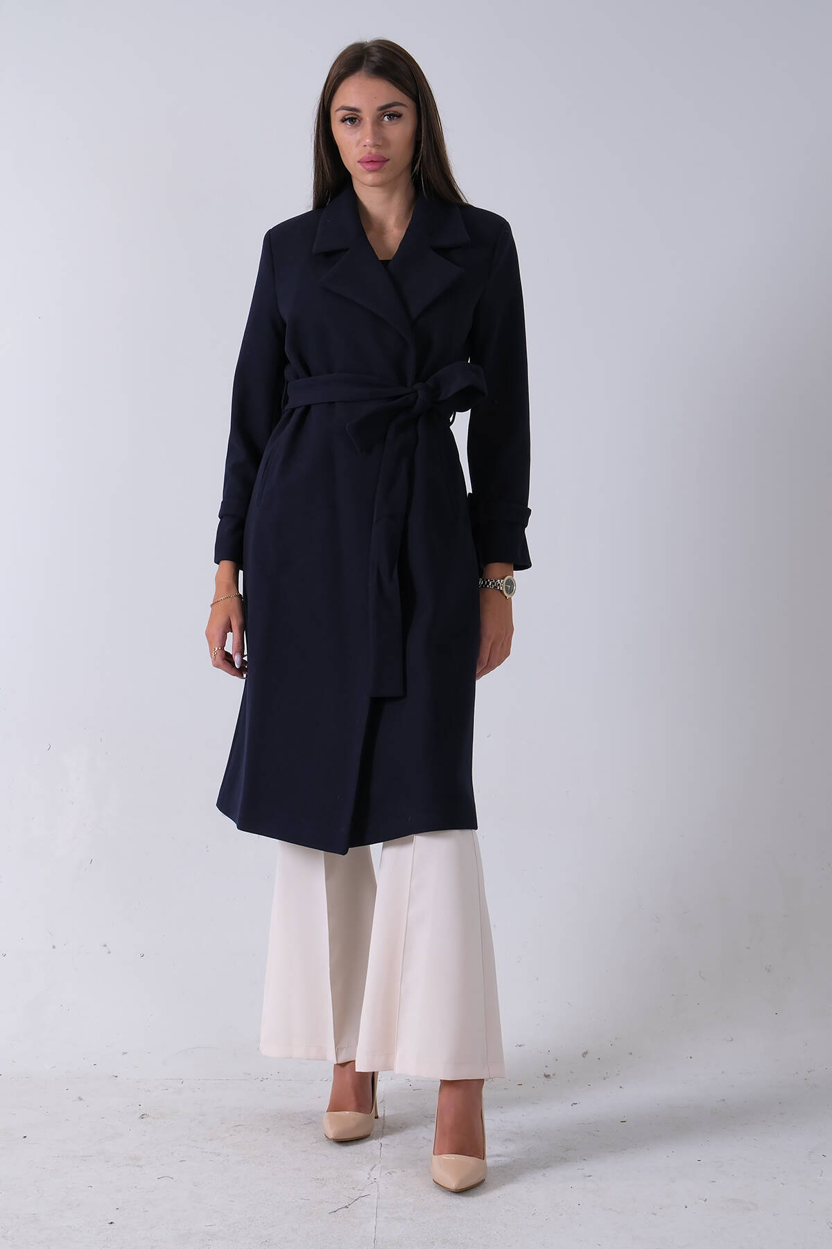 Lacivert Kol Bağlamalı Seyyar Kuşaklı Uzun Kaşe Kaban 41630051.02 - Ardanewline