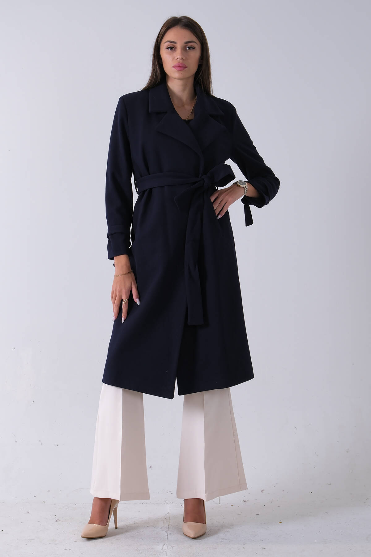 Lacivert Kol Bağlamalı Seyyar Kuşaklı Uzun Kaşe Kaban 41630051.02 - Ardanewline (1)