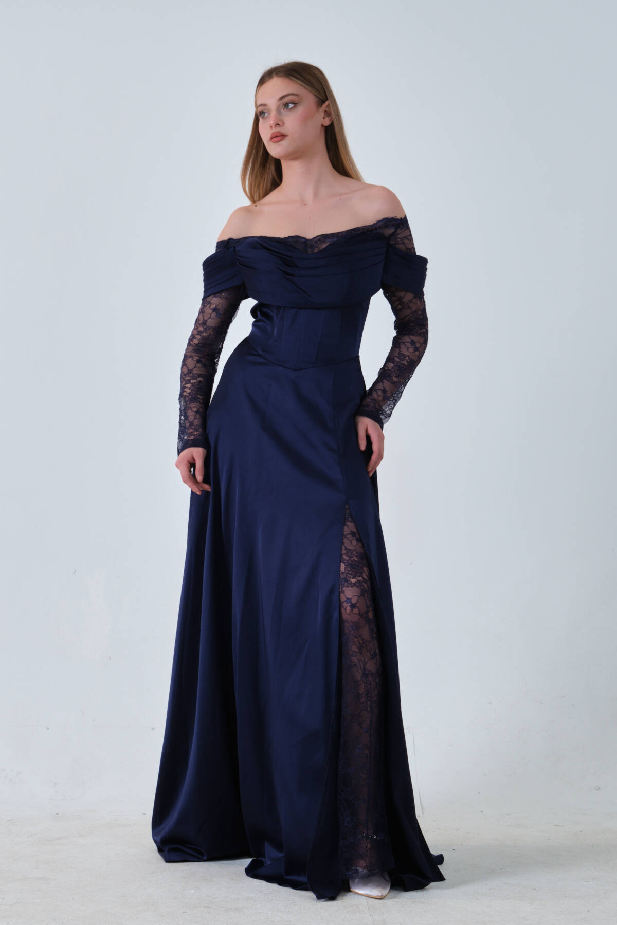 Lacivert Kolları Dantel Detaylı Drapeli Abiye 9705561.02 - Ardanewline (1)