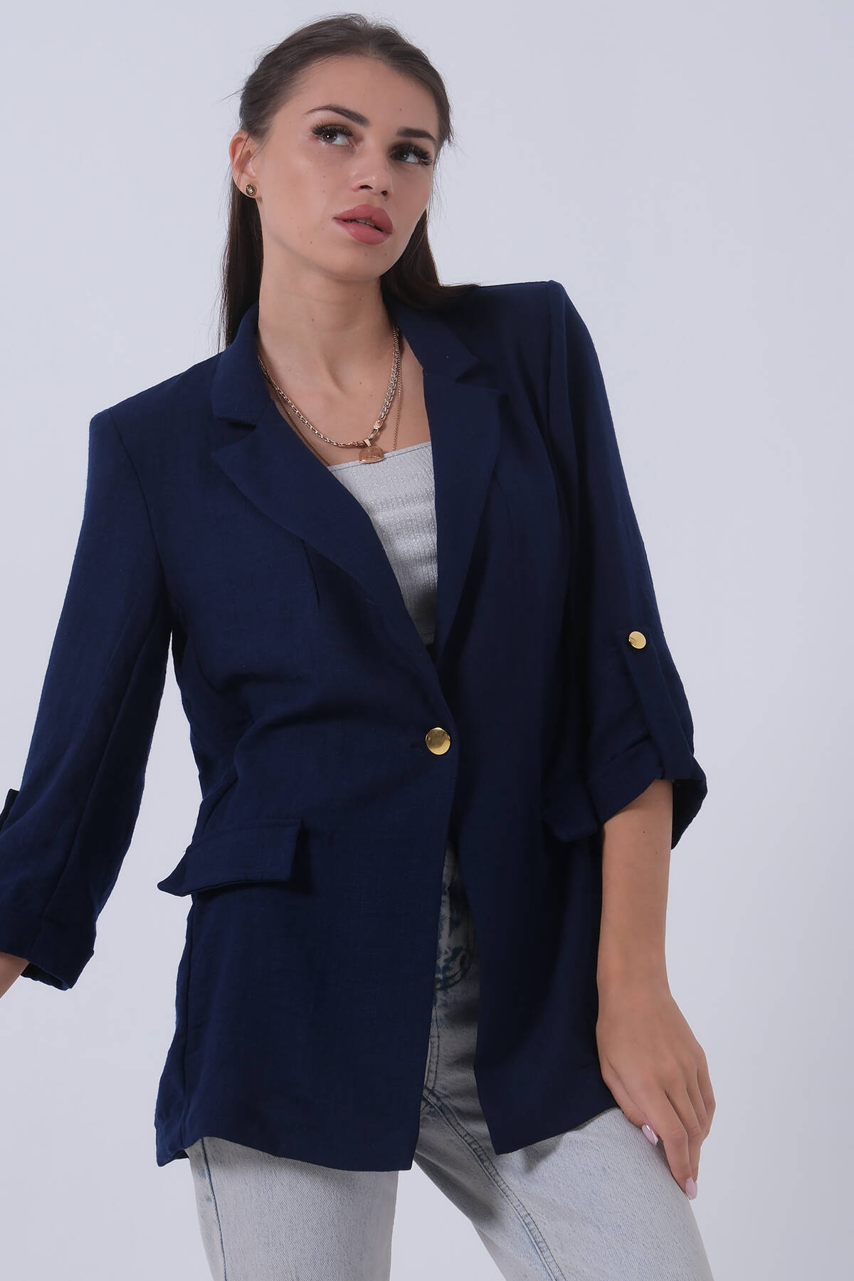 Lacivert Kolları Düğme Toparlamalı Keten Ceket 01051361.02 - Ardanewline