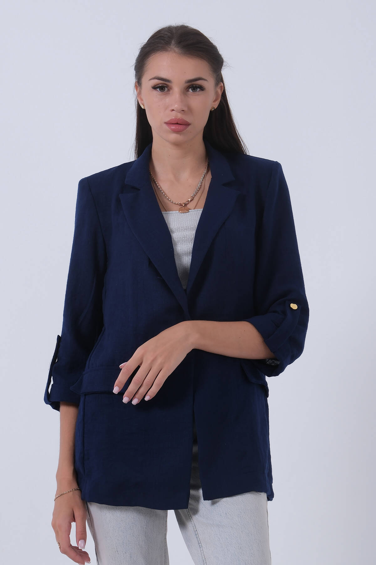 Lacivert Kolları Düğme Toparlamalı Keten Ceket 01051361.02 - Ardanewline (1)