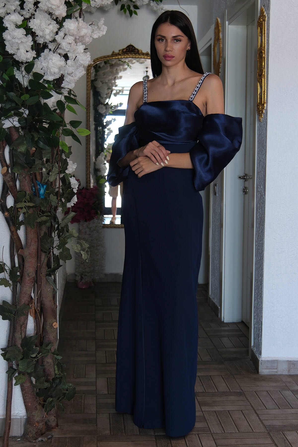 Lacivert Kolları Şifon Yırtmaçlı Abiye 9705139.02 - Ardanewline