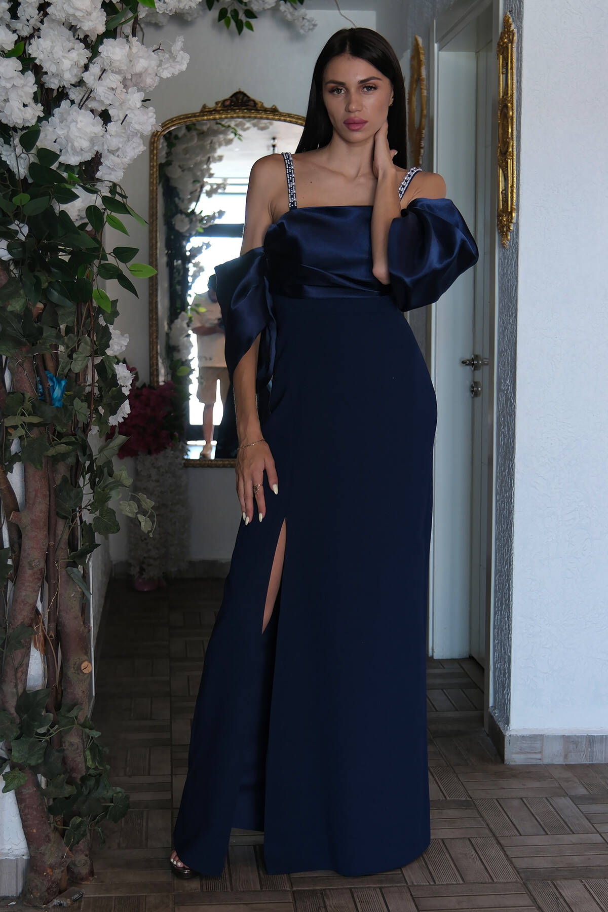 Lacivert Kolları Şifon Yırtmaçlı Abiye 9705139.02 - Ardanewline (1)