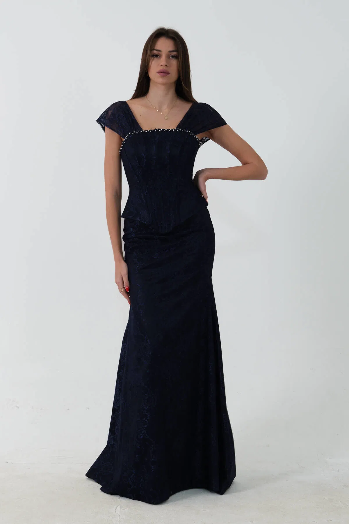 Lacivert Korse Detaylı Dantel Kapamalı Düşük Omuz Abiye 9705791.02 - Ardanewline (1)