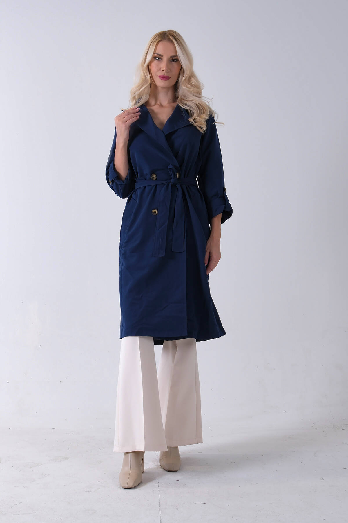 Lacivert Önden Düğme Kapamalı Yandan Cepli Kuşaklı Uzun Trenç 4200823.02 - Ardanewline