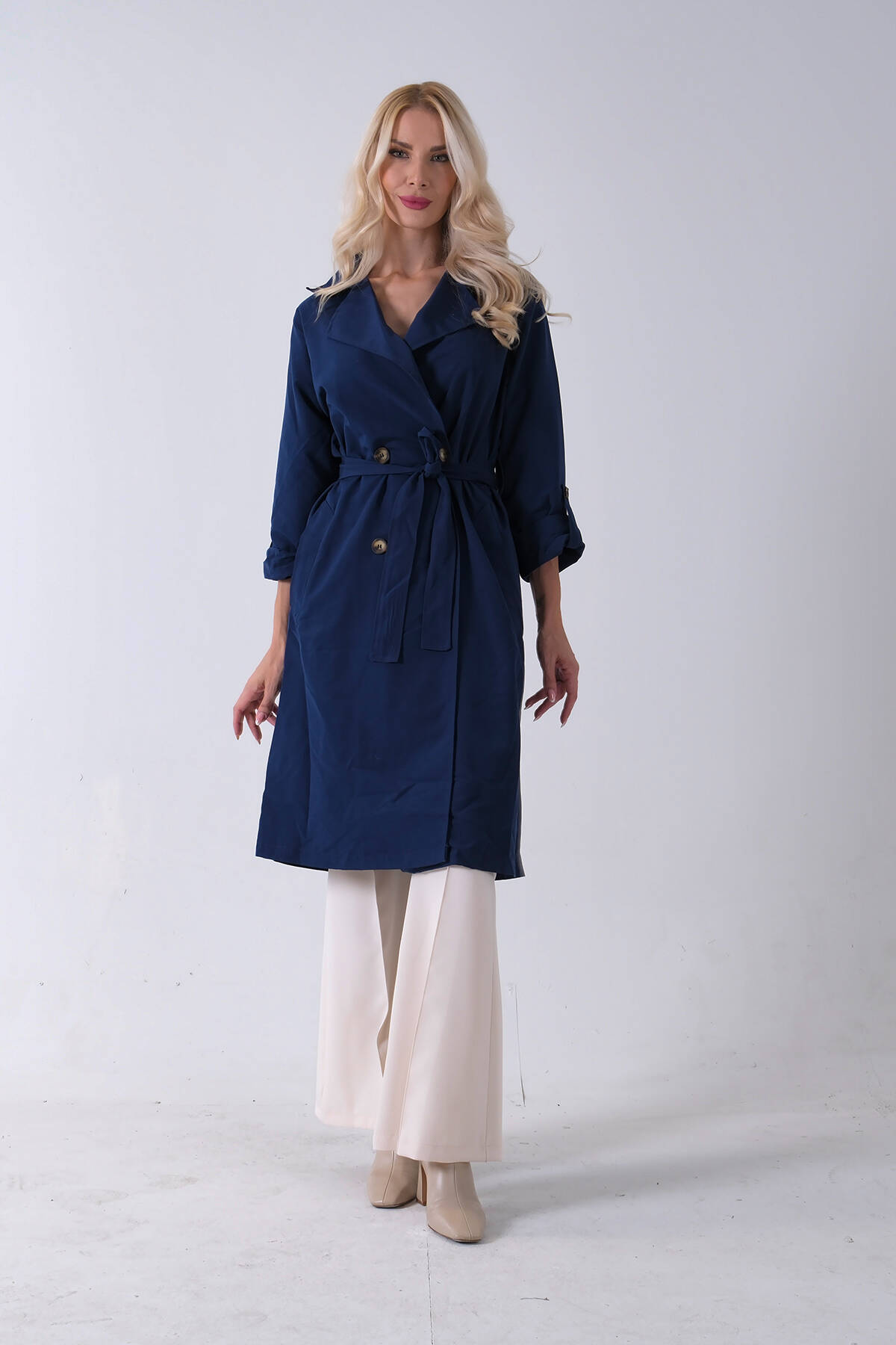 Lacivert Önden Düğme Kapamalı Yandan Cepli Kuşaklı Uzun Trenç 4200823.02 - Ardanewline (1)