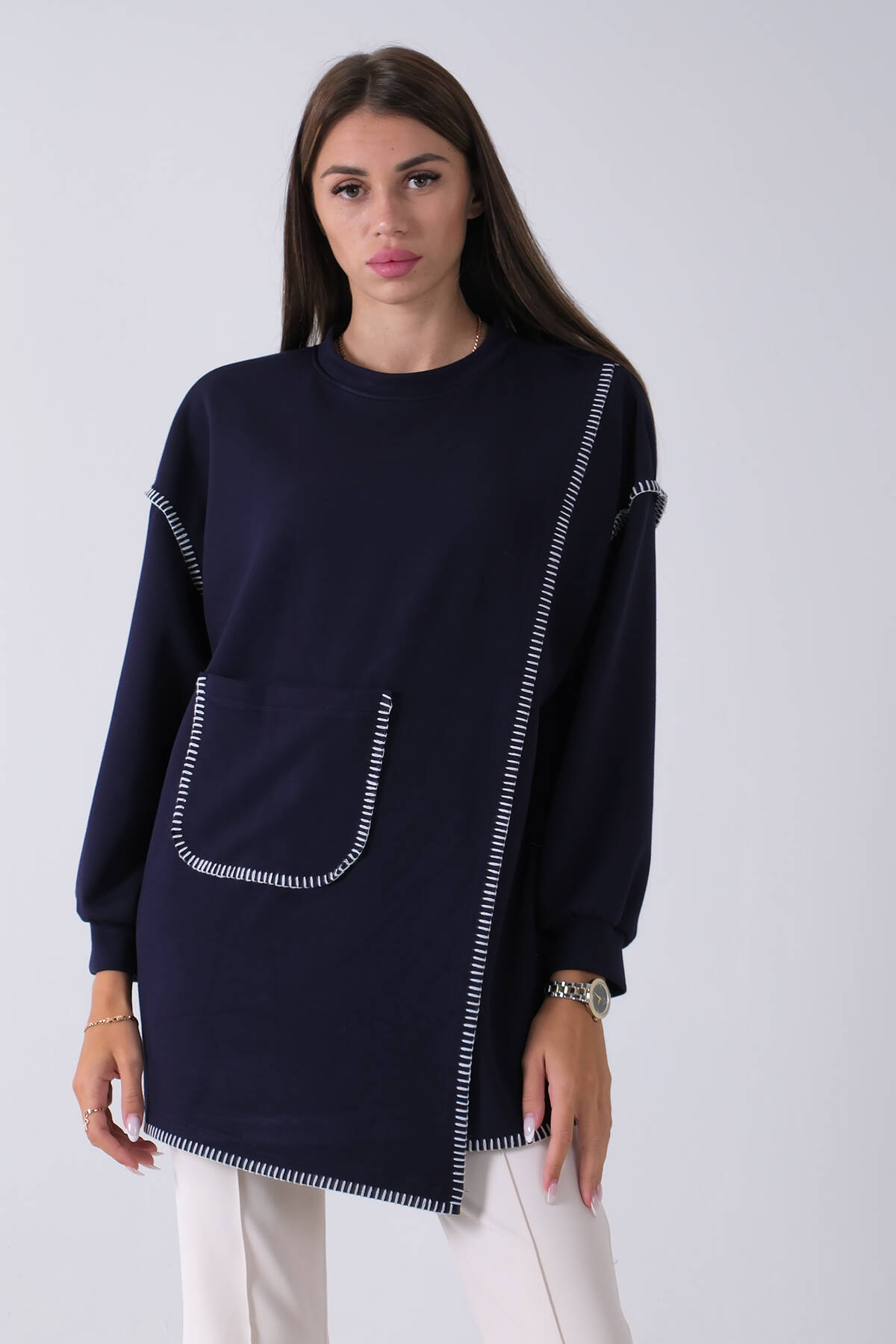 Lacivert Önü Kanguru Cep Detaylı Çizgi Dikişli Bisiklet Yaka Tunik 940170263.02 - Ardanewline