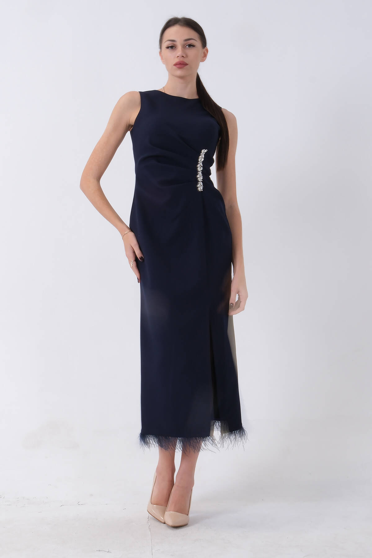 Lacivert Önü Taş Detaylı Yırtmaçlı Tüy Detaylı Abiye 9705402.02 - Ardanewline (1)