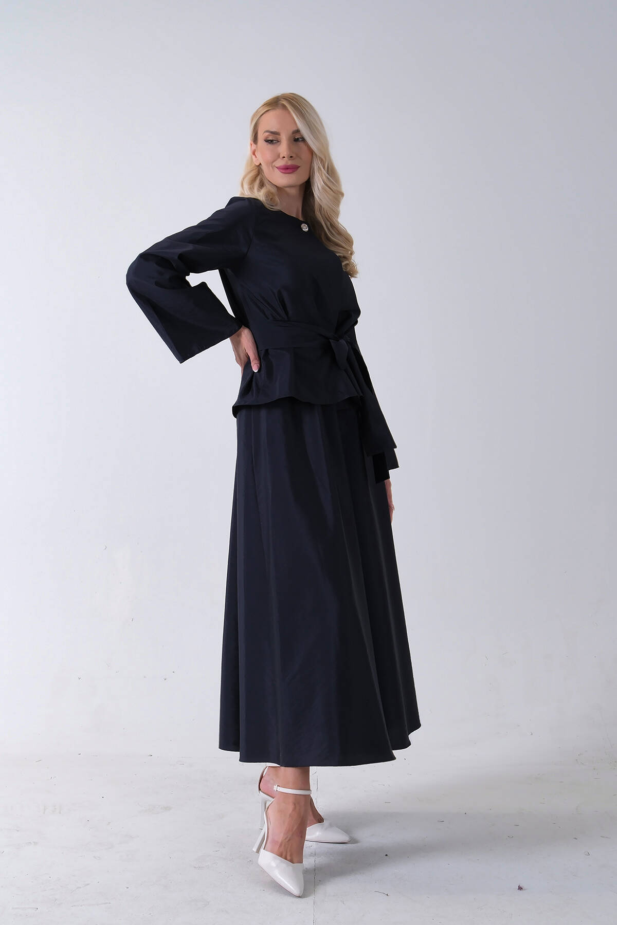 Lacivert Önü Tek Düğmeli Kuşaklı Etek Ceket 31040701.02 - Ardanewline