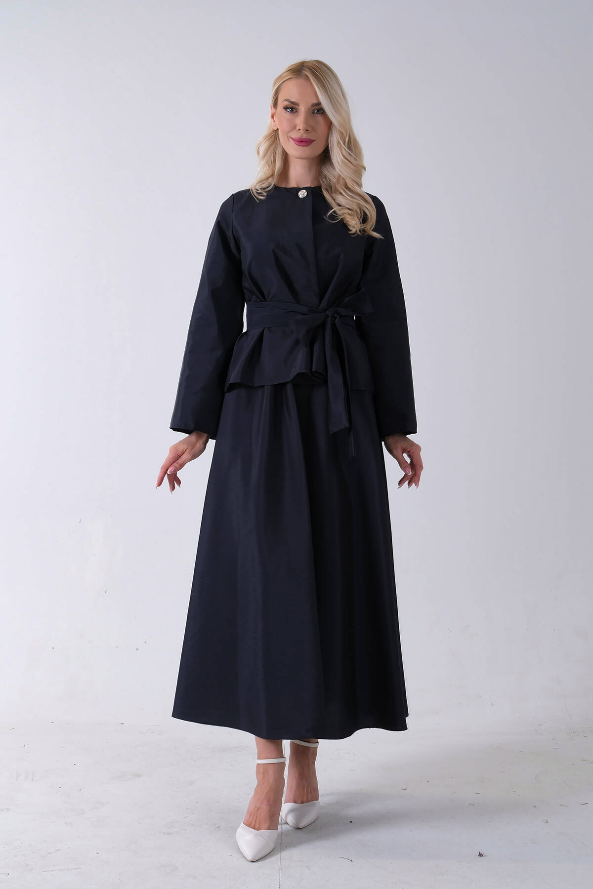 Lacivert Önü Tek Düğmeli Kuşaklı Etek Ceket 31040701.02 - Ardanewline (1)