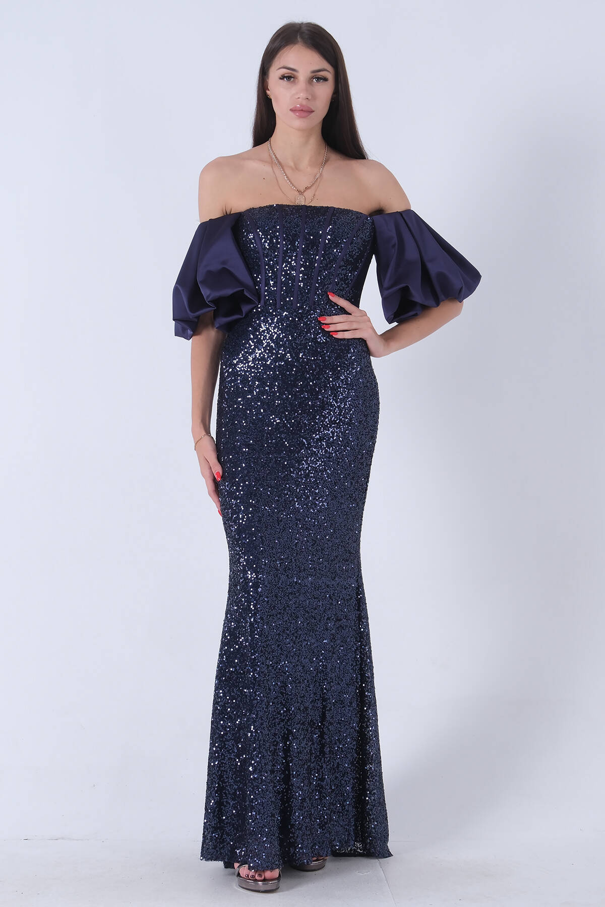 Lacivert Pul Payetli Balon Kol Abiye 9705296.02 - Ardanewline