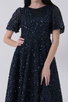 Lacivert Pul Payetli Midi Boy Kısakol Abiye 6502498.02 - 6