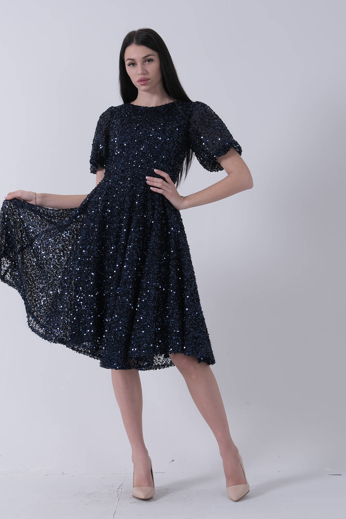 Lacivert Pul Payetli Midi Boy Kısakol Abiye 6502498.02 - Ardanewline