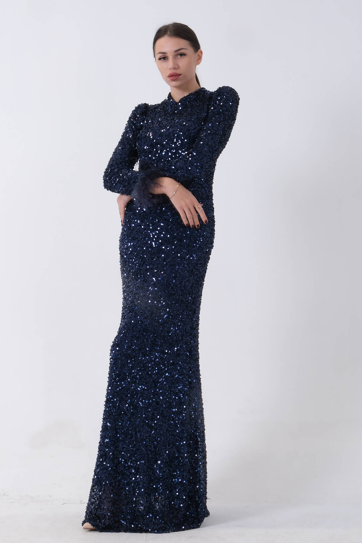 Lacivert Pul Payetli ve Tüy Detaylı Tesettür Abiye 6502490.02 - Ardanewline