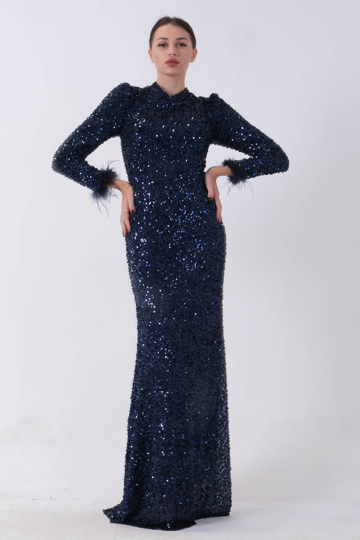 Lacivert Pul Payetli ve Tüy Detaylı Tesettür Abiye 6502490.02 - Ardanewline (1)