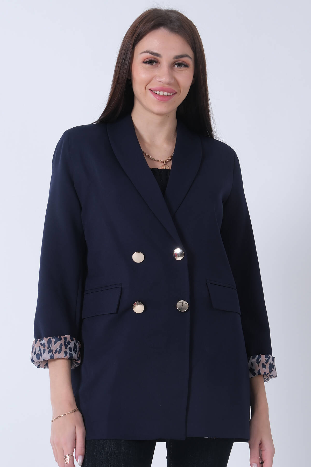 Lacivert Şal Yaka Leopar Astarlı Kruvaze Ceket 39711561.02 - Ardanewline