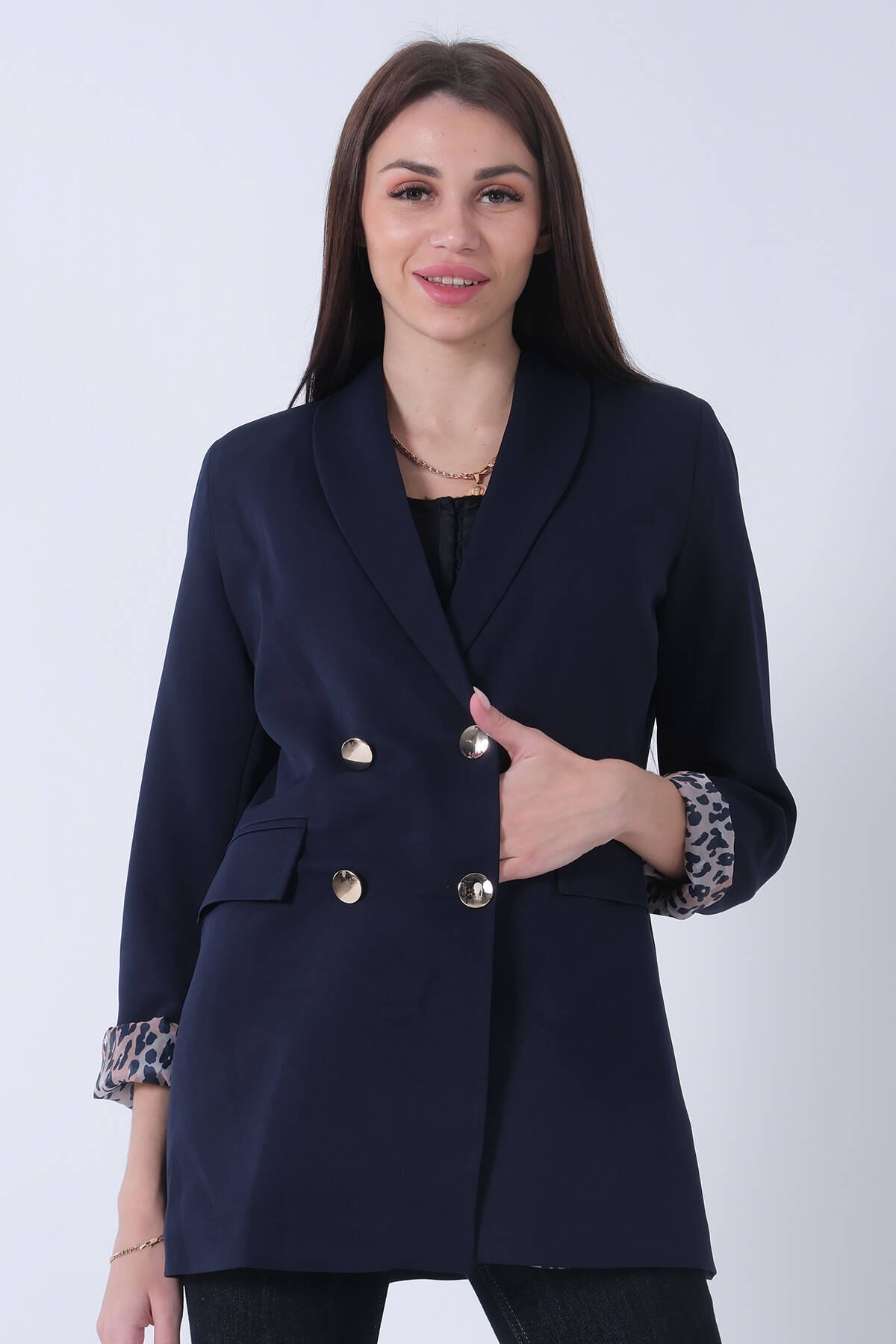 Lacivert Şal Yaka Leopar Astarlı Kruvaze Ceket 39711561.02 - Ardanewline (1)