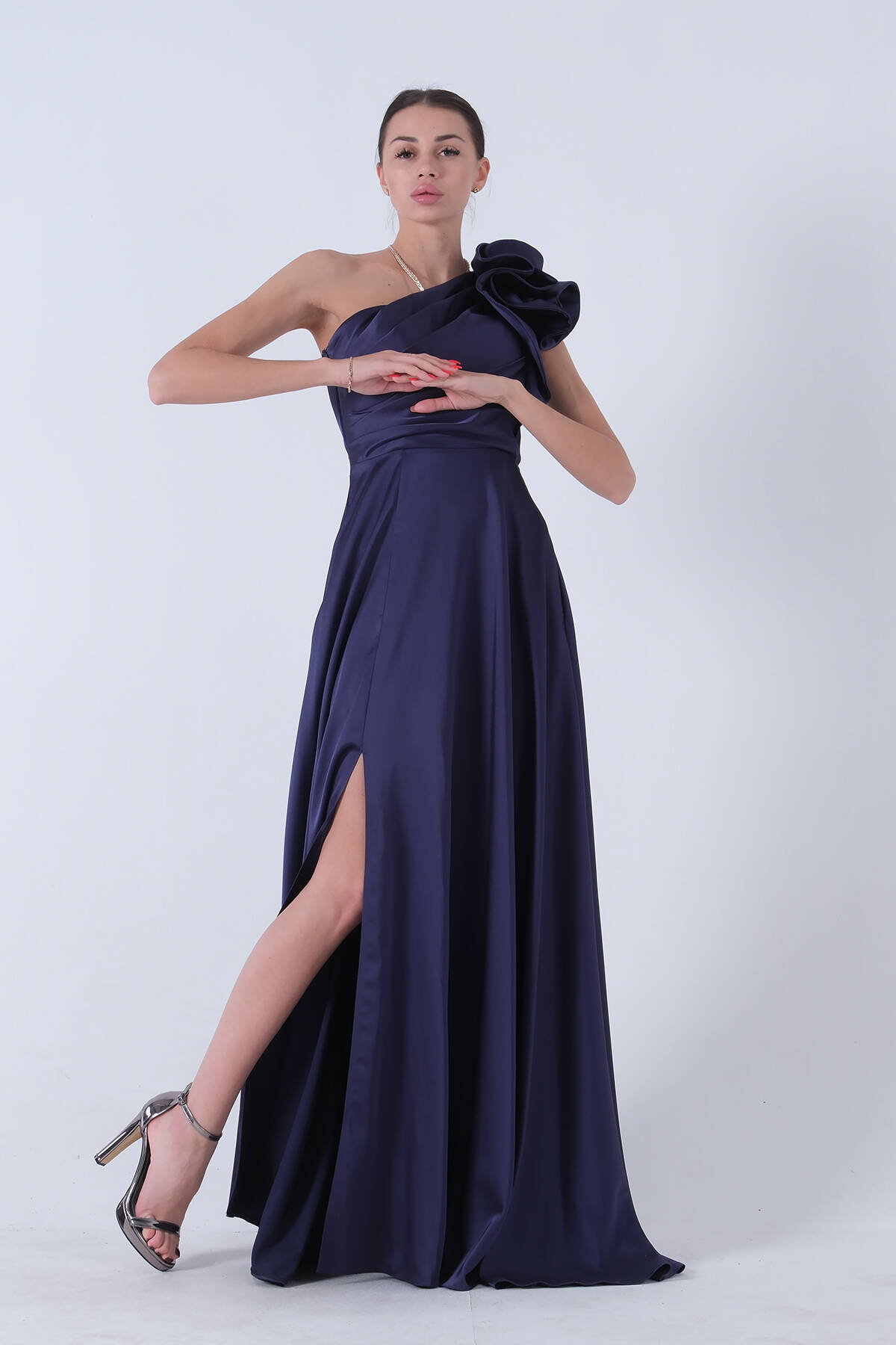 Lacivert Saten Omuz Fiyonklu Abiye Elbise 1302192.02 - Ardanewline (1)